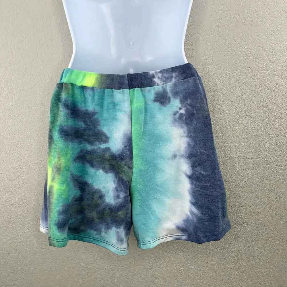New Shopin LA Blue Green Multi Tie Dye Elastic Waist Sweat Shorts L Gorpcore